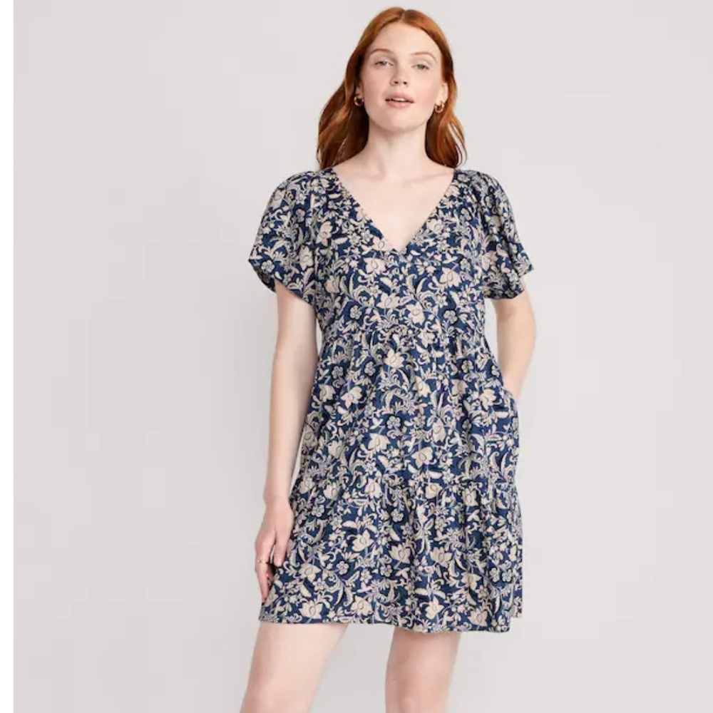 V-neck tiered floral mini swing dress